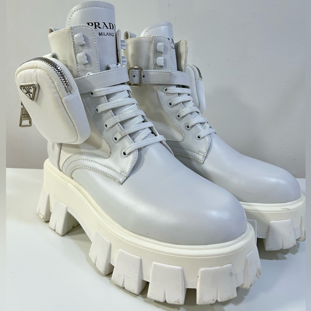 Prada Monolith White Leather Combat Boots